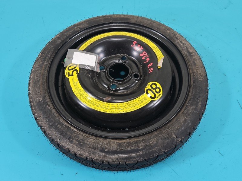 Koło zapasowe 14" dojazdowe dojazdówka Vw Polo III 6N Rozstaw śrub: 4x100, Continental, Profil opony: 70, 105/70/R14 84M 4X100 Koło zapasowe 14" dojazdowe dojazdówka Vw Polo III 6N Rozstaw śrub: 4x100, Continental, Profil opony: 70, 105/70/R14 84M 4X100